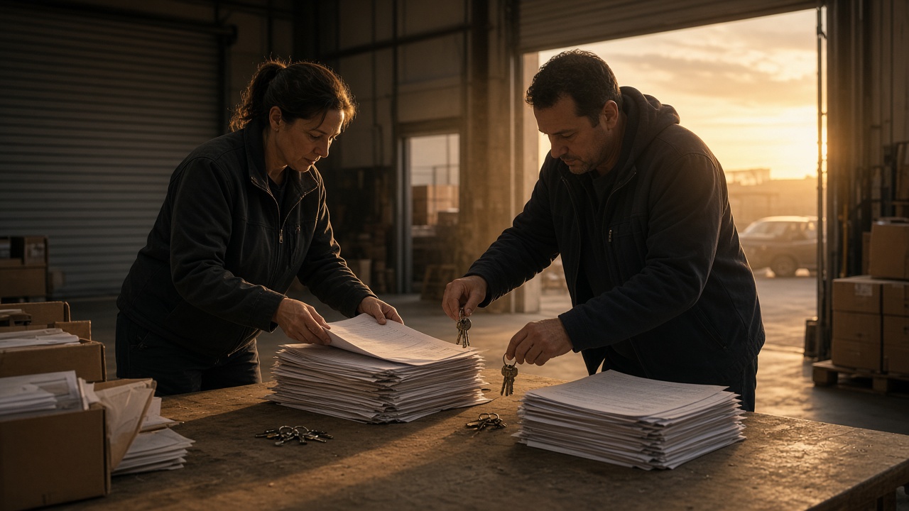 Two operators moving contracts across a warehouse table under work lights